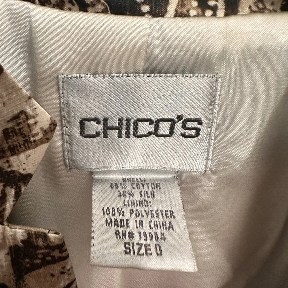 Chico's Blazer Jacket Brown Paisley Silk Cotton Print Size 0 XS Open Front Hook
